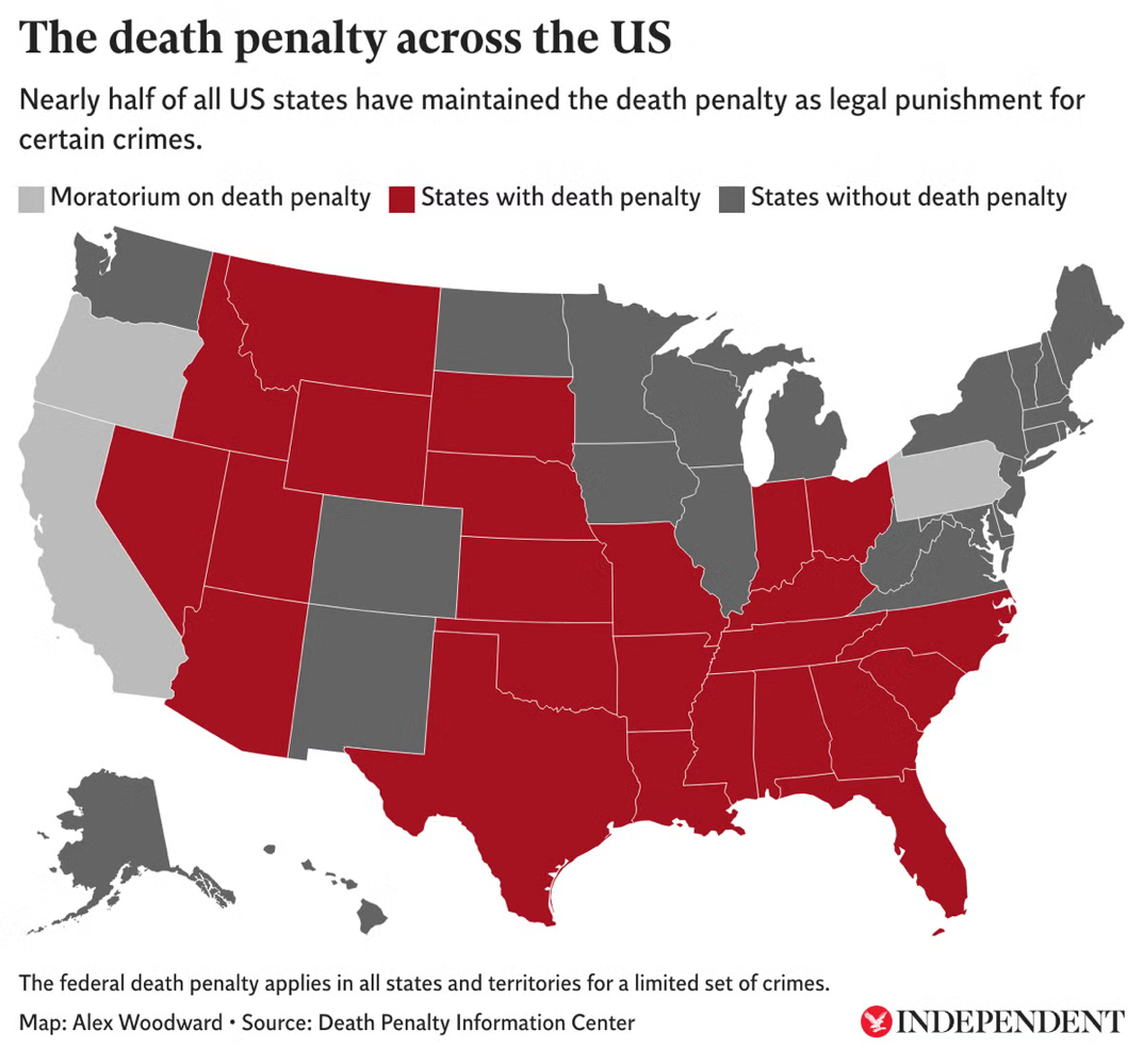 A map of the US, showing that nearly half of all US states have maintained the death penalty as legal punishment for certain crimes.